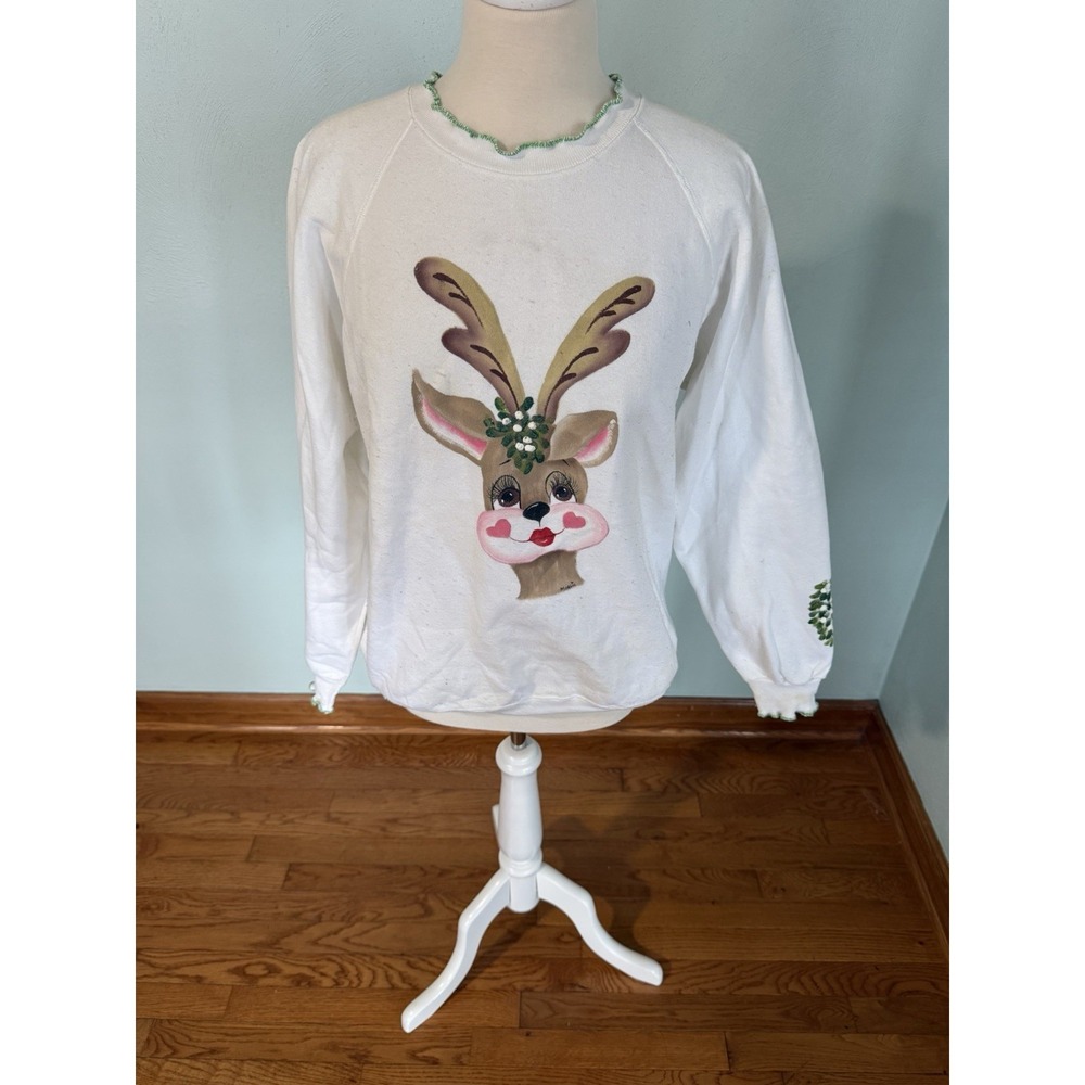 Christmas Whimsical Sweatshirt Hand-Painted Reindeer Holiday Design Sz M